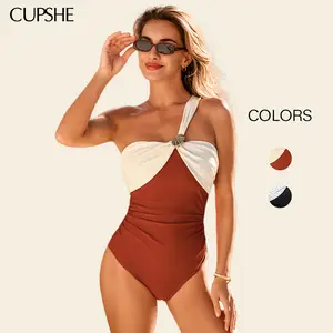 CUPSHE One Shoulder Sculpting One Piece Swimsuit Tummy Control Colorblock Cutout High Cut Slim Fit Beach Vacation Swimwear Bathing suit #tiktokshopmemorialday