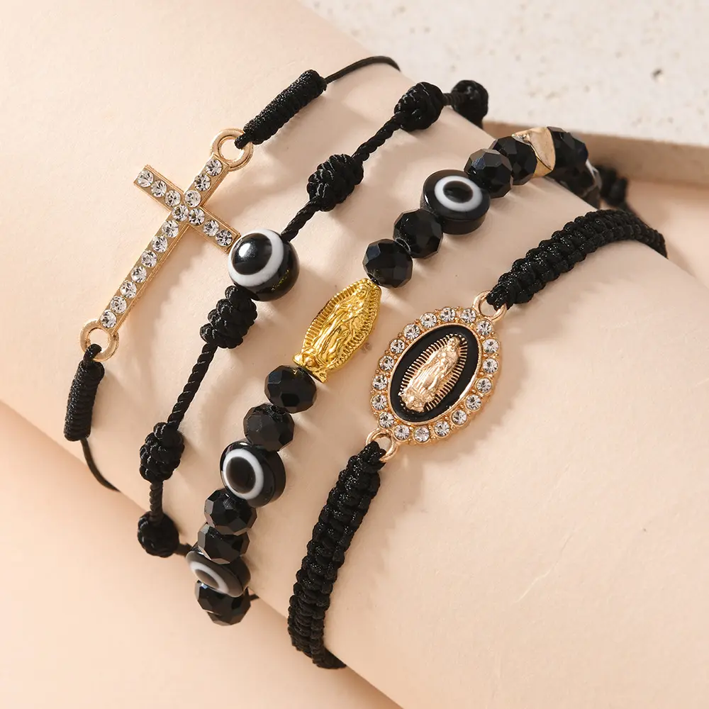 Catholic Faith Bracelet Gift Set, 4 Stackable Virgin Mary Medal, Crystal Bead and Cross Charm Bracelets, Adjustable Spiritual Jewelry for Prayer, Church and Religious Celebrations