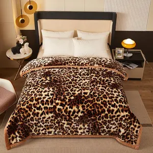 Korean Flannel Blanket Thickened, Dual Layer Luxury Printed Velvet Plush Throw, Large Size Unisex, Warm for Fall Winter Spring, Leopard Print Blanket