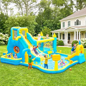 Inflatable Backyard Water Slide Park with Splash Pool, Water Cannons, Bunny Silicone Protector, Colorful Custom Summer-Vibe Bounce House Accessory