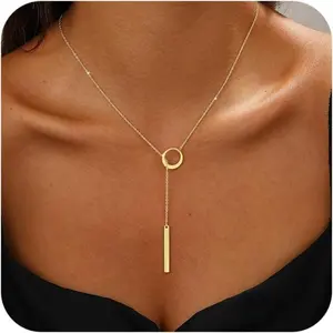 Long Gold Lariat Necklace for Women 14K Gold Plated Y-Shaped Beaded Chain Drop Necklace Adjustable Non Tarnish Layered Jewelry Gift