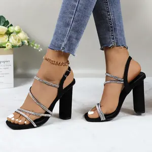 Women's High Heels Sandals Sparkly Glitter Rhinestone Strappy Girl Square Open Toe Comfortable Chunky Block Heel Footwear 4.33-inch Heeled Summer Casual Dress Shoes for Wedding Party Bridal DB
