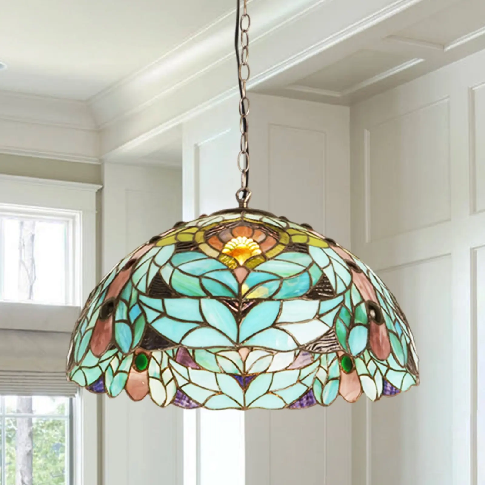 Tiffany Style Floral Leaf Stained Glass Pendant Light, 16 Inch Adjustable Hanging Lamp with Bronze Iron Chain, Bulb Not Included