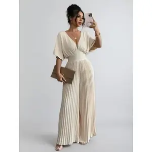 Women’s solid deep V-neck batwing pleated jumpsuit — elegant wide-leg romper, sleeveless party outfit for evening or formal events; minimalist chic fabric (polyester); short-sleeve women’s overalls/overalls; apricot basic