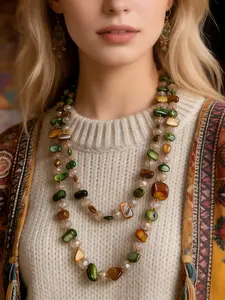 Bohemian Vintage Style Beaded Necklace with Natural Seashells, Unique Irregular Crystal Bead Sweater Chain for All Seasons, Ethnic Pattern Jewelry
