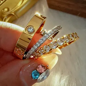 Fashionable 14K Gold Square Ring – Stainless Steel Pave Diamond Statement Jewelry