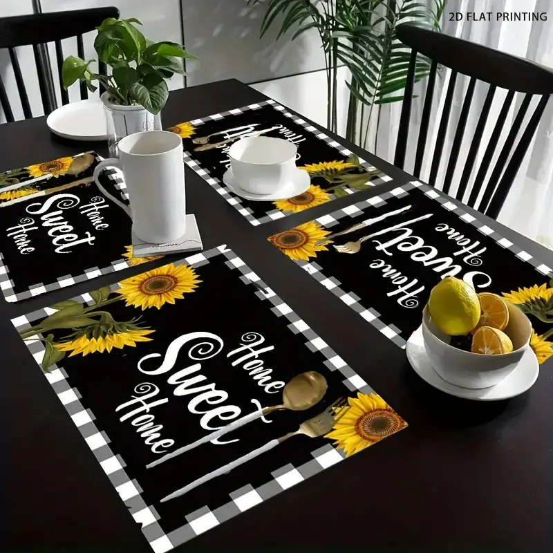 2D flat printing, 2/4-piece set, sunflower home decoration kitchen placemat, Coasters, Kitchen Decorative Placemat, geometric pattern table mat, 12 × 18 inch table mat, suitable for outdoor family gatherings, kitchen dining gatherings
