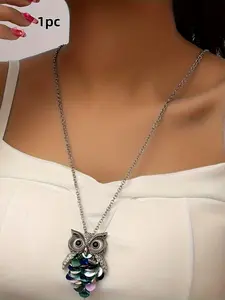 Bohemian Style Creative Sequined Owl Pendant Long Necklace, Perfect for Daily Gatherings and Gifts, Stylish Accessory for Clothing