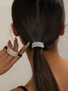 2 Pcs Shiny Crystal Alloy Hair Ties, Geometric Arc Design, Embedded Crystals, High Elasticity, Fashionable for Ponytails, Travel, Birthday