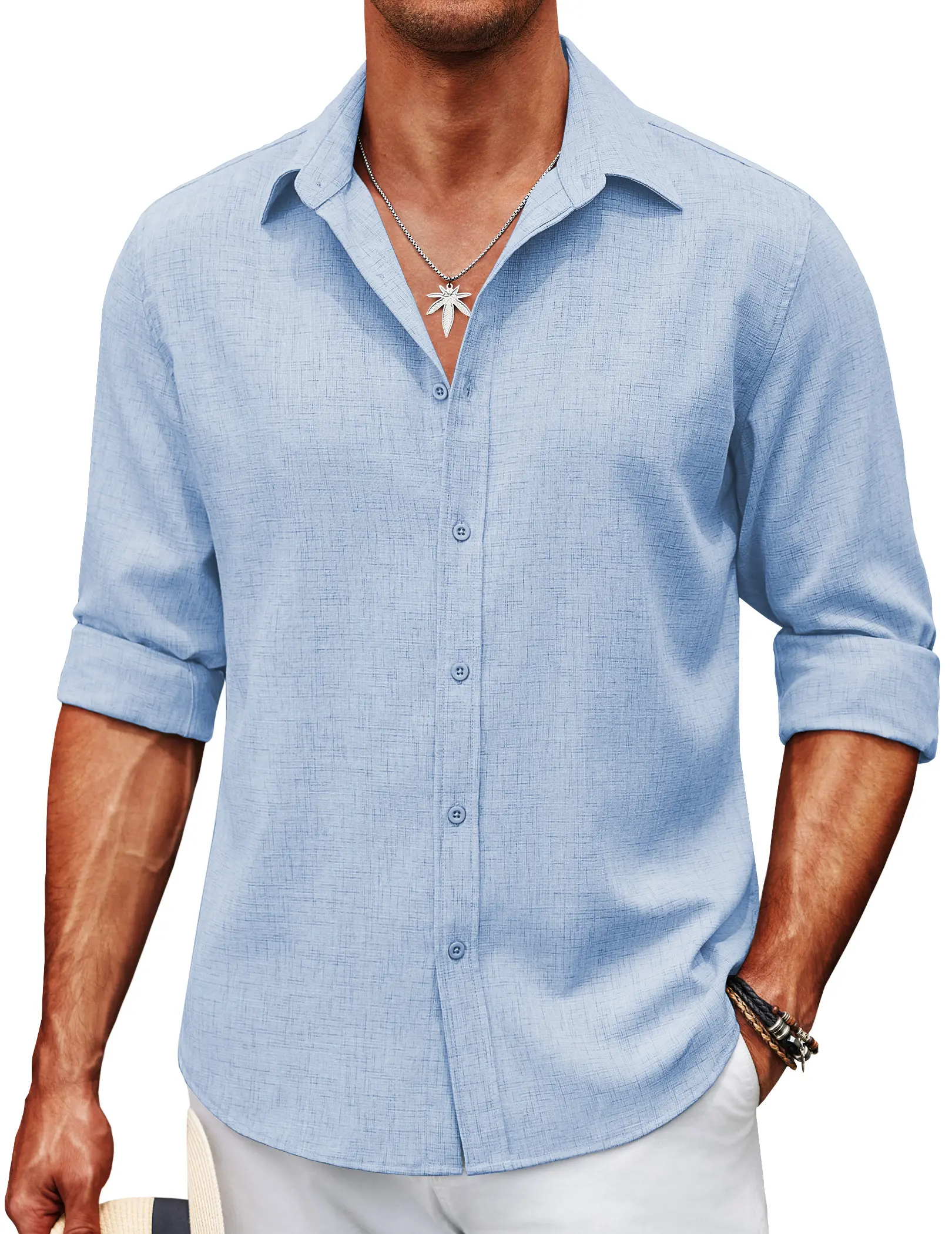COOFANDY Men's Long Sleeve Button Down Linen Shirt Casual Untucked Chambray Shirt Wrinkle Free Wedding Shirts Collar Menswear Minimalist Outfit Top