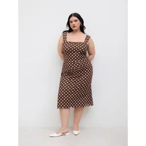 Women's Curve & Plus Size 0-24 Mesh Square Neck Polka Dot Ruched Casual Midi Cider Dress