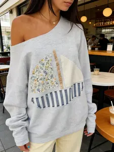 Women's Chic Off-Shoulder Lightweight Hoodie Pullover - Lady's Long-Sleeve Fitted Geometric Print Slouchy Top, Comfortable Fabric Clothes for Easter Brunch, Mothers Day Weekend