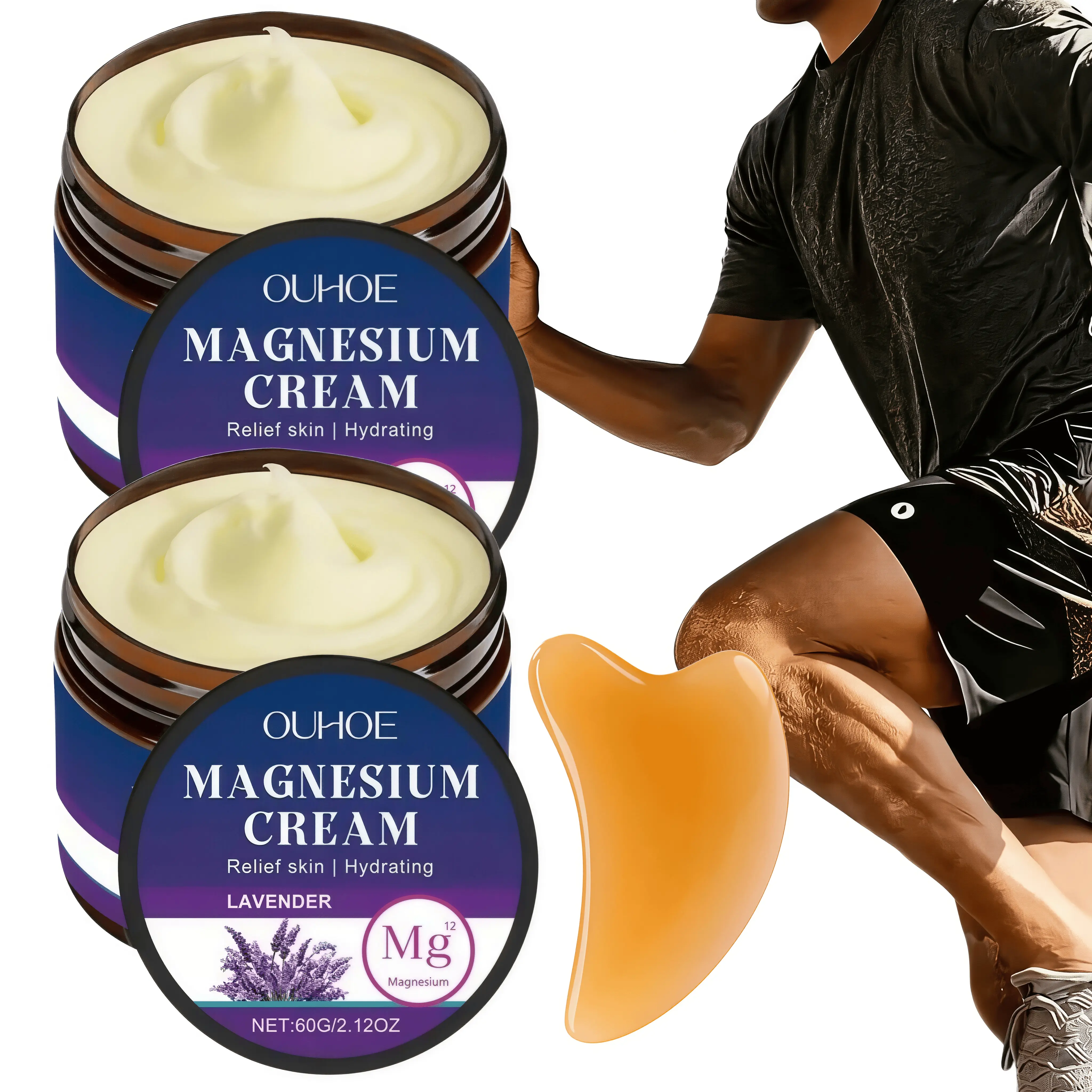 Lavender Magnesium Cream Body Care Set (2-Piece with Gua Sha Board) - Hydrating Body Moisturizer with Lavender Oil & Coconut Oil, Gentle Formula for Hands/Wrists/Knees, Soothing Daily Massage, Moisture, Deep Hydration