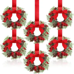 6 Pcs Small Christmas Norfolk Wreaths 15 Inch Christmas Kitchen Cabinet Mini Wreath Real Touch with Bow Ribbon Cedar Red Berry for Xmas Front Door Window Chair Fireplace Table Pillar Farmhouse Decor