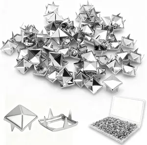 500PCS 10mm Silver Metal 4-Prong Square Spikes - Punk Style Pyramid Studs Craft Sewing Accessories, Durable Easy-Install Rivets for Leather Jacket, Bag