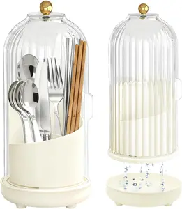 Kitchen Utensil Holder with Sliding Lid & Draining Tray Self Draining 360° Rotating 3-Slot Organizer for Flatware Chopsticks Spoon Spatula Cutlery White - Cover, Knives