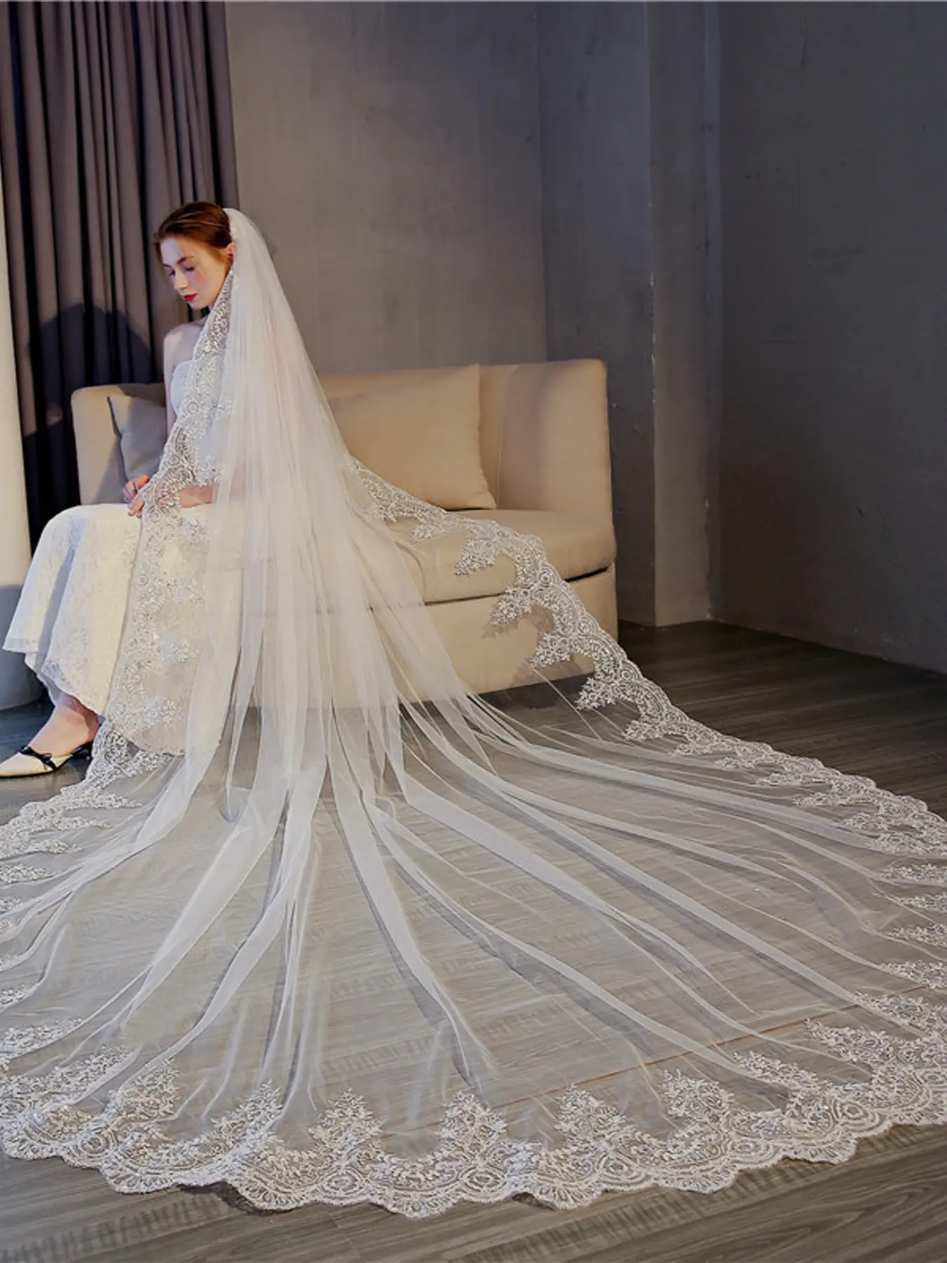 Extra-Long Veil for Wedding Dress Accessories, Exquisite High-End Train, Bridal Photo Veil, Luminous Lace, Elegant Wedding Accessories, Lace Drop Veil