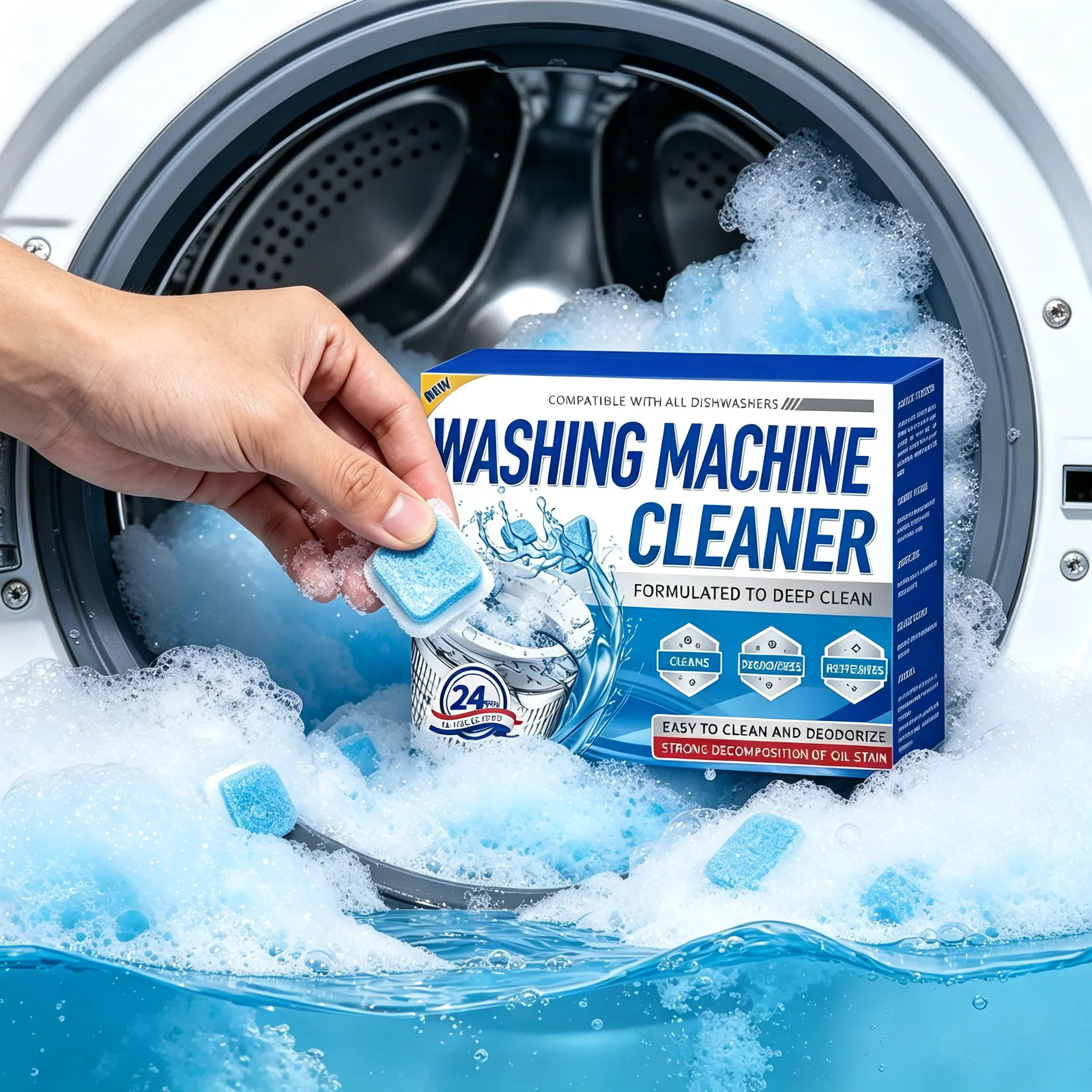 Washing Machine Cleaner, Deep Clean Descaler Tablets Remove Limescale, Grime & Bad Odor, Septic Safe Washer Cleaner Tabs for Front Load & Top Load Washing Machines, Available in 8 pcs/20pcs/24pcs