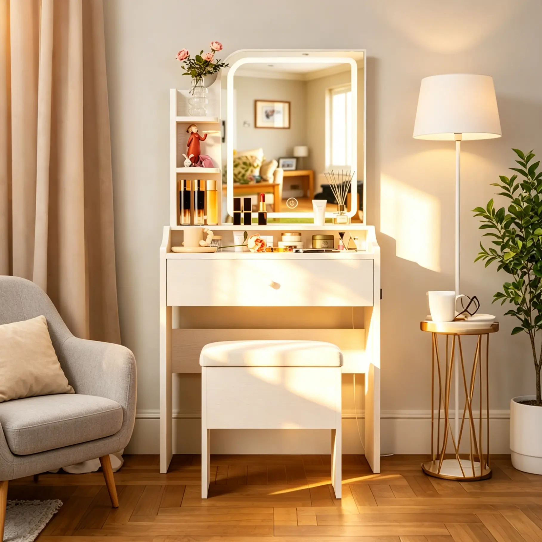 Modern-style makeup table set with lighted mirror (includes stool; suitable for bedrooms and dorms) dimmable bulb hidden storage capacity