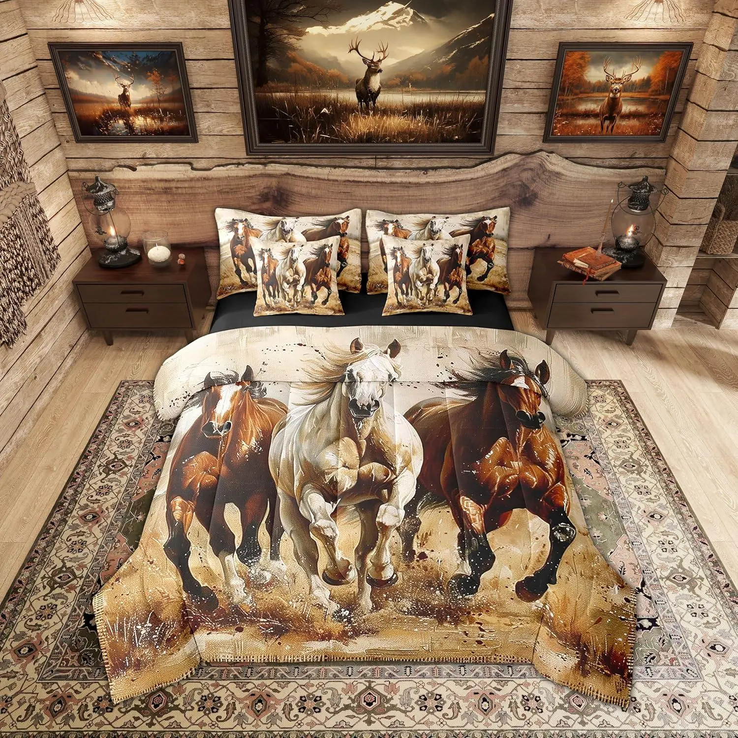 Feelyou Queen Size 7-Piece Comforter & Sheet Bedroom Bundle - Kids Boys Western-Themed 3D Printed Cowboy Horse Bedding, Rustic Cabin Animals, Nature Designs for Halloween, Thanksgiving, Valentine's Day, Children's Day