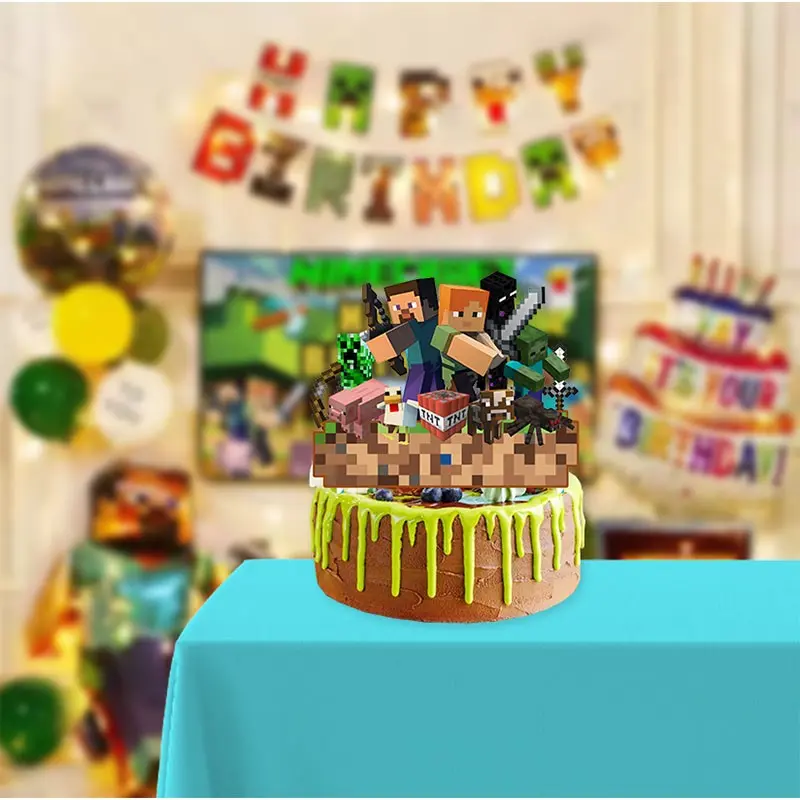 Retro Pixel Miner Cake Toppers, Gaming Character & Block Style, Boy's Birthday Cake Decor, Unique Party Supplies, Fun Design