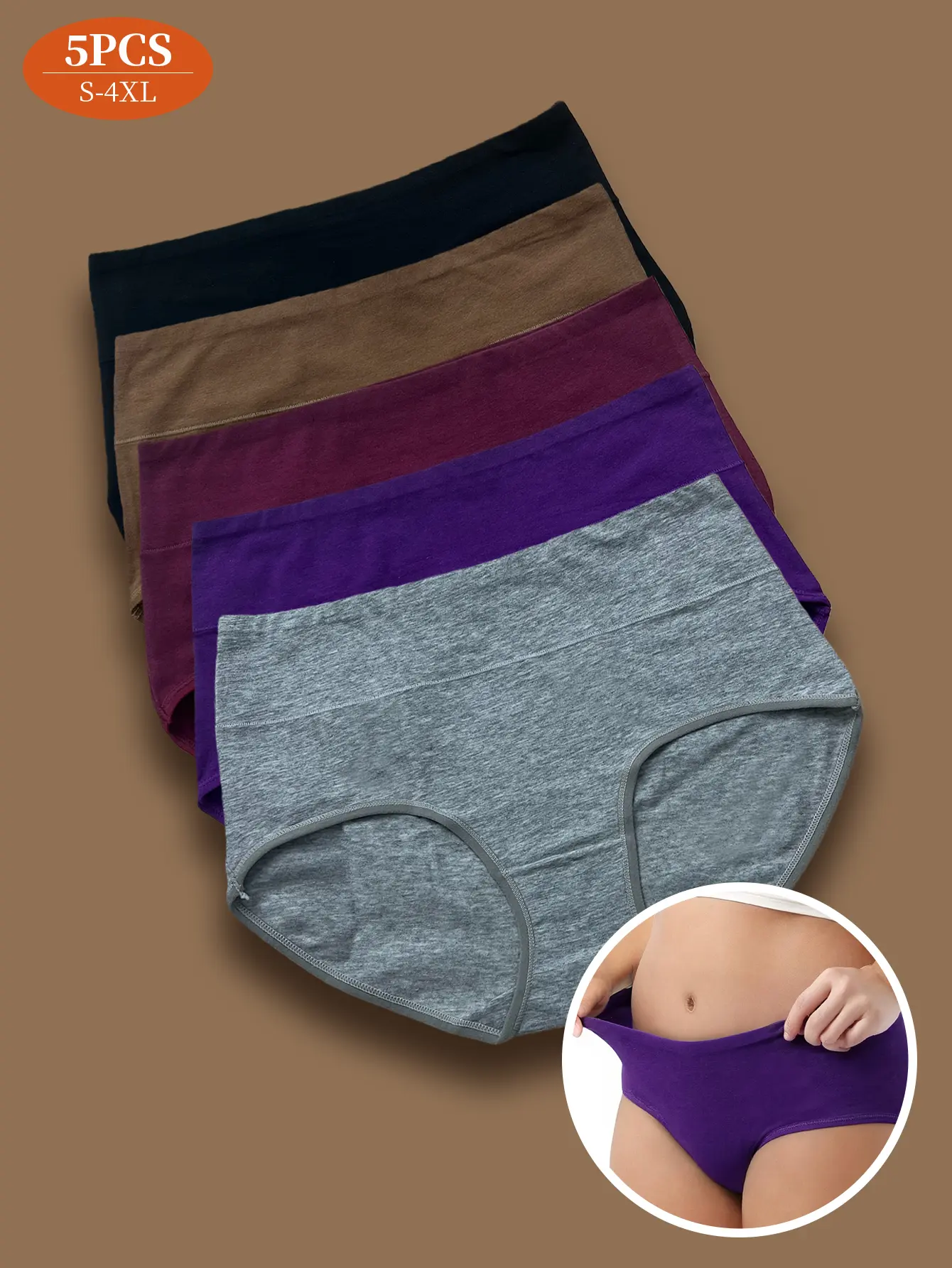 Women's 5-Pack Mid-Waist Breathable Cotton Plain Panties, 5pcs (Black+Brown+Wine Red+Dark Purple+Gray), Lightweight Triangle Briefs, Casual Everyday Comfort Fit, Multi-Size Assortment, Mid-Rising