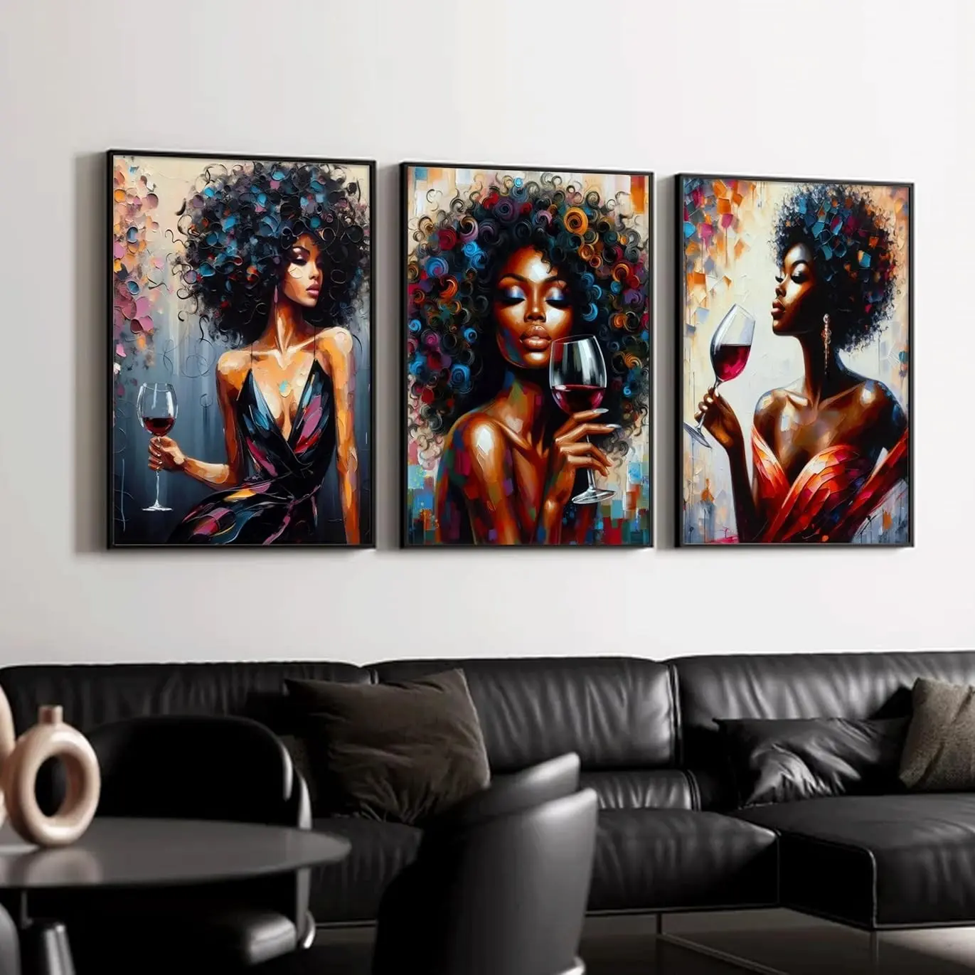 3pcs/set African American Women Canvas Wall Art Colorful Graffiti Afro Wine Girl Painting Modern Abstract Pictures Home Wall Decor Poster Print Decorative Artwork for Living Room Bedroom Bar Decoration Colorful Designs Unframed, Decoration Items