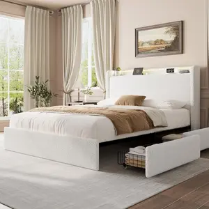Garvee Boucle Full Bed Frame with Storage Headboard, Upholstered Bed Frame Full Size with Charging Station, LED Lights, 4 Storage Drawers, No Box Spring Needed, Noise Free, White