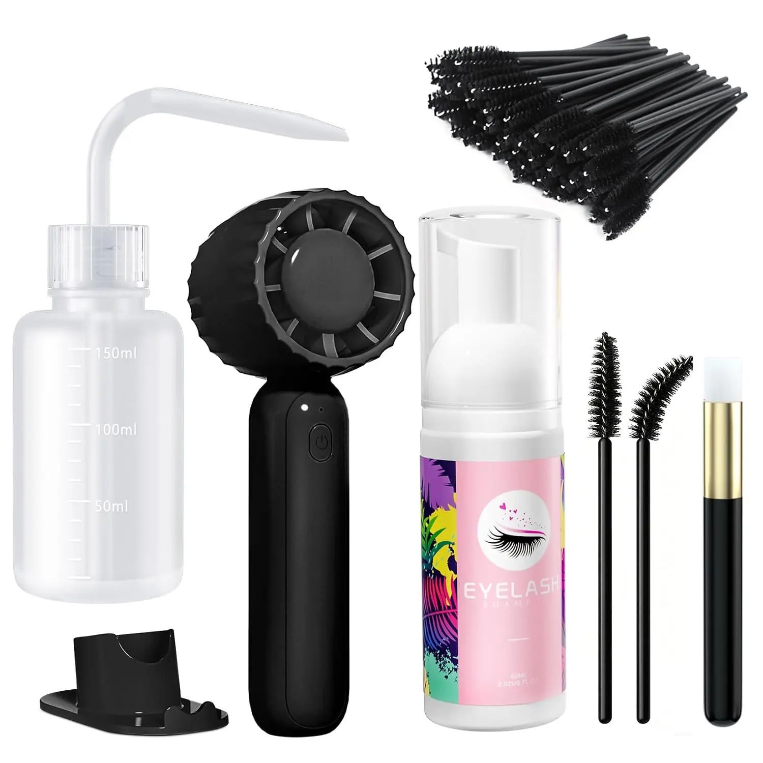 Lash Cleaning Kit Lash Shampoo Kit 2.02Fl Oz/60mL, Black | Lash Shampoo, Rechargeable Handheld Fan Dryer, Mascara Brush, Rinse Bottle