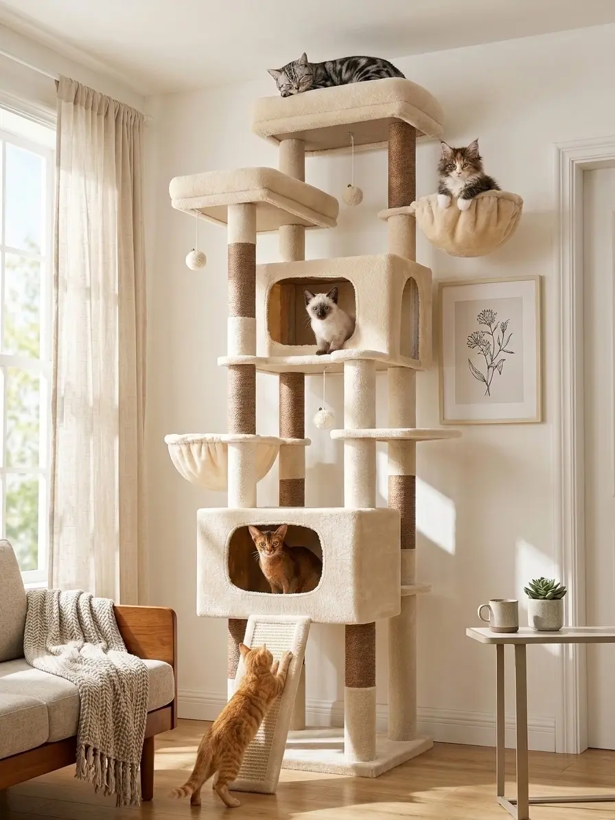 DESKAT 77 Inch Tall Cat Tree for Large Cats, Multi-Level Cat Tower for 4+ Cats with 2 Condos, 8 Sisal Scratching Posts, 2 Hammocks & 3 Perches, S77E, Beige