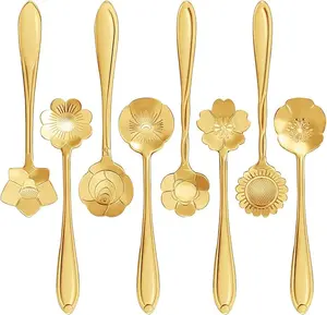 Maitys 16 Pieces Stainless Steel Flower Coffee Spoon Dessert Spoon Sugar Spoon Ice Cream Spoon Stirring Spoon Tea Spoon Milkshake Spoon Set for Tableware Kitchen, Cafe or Bar (Gold)