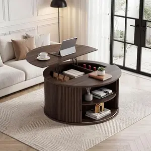 Loftiage 31.5" Round Lift Top Coffee Table with Storage, Fluted Drum Coffee Table with 360° Sliding Door & Open Side Shelves, Multi-Purpose Center Table for Living Room & Small Space, Walnut furniture accessory apartment
