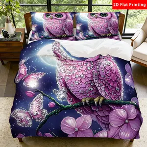 2/3 Pcs 2D Flat Sparkling Owl and Butterfly Duvet Cover Set, Floral and Owl Bedding Set Quilt Cover 1 Duvet Cover + 1/2 Pillowcases, Moonlit Night Top Sheet Decorative Bedding Bedroom Decor