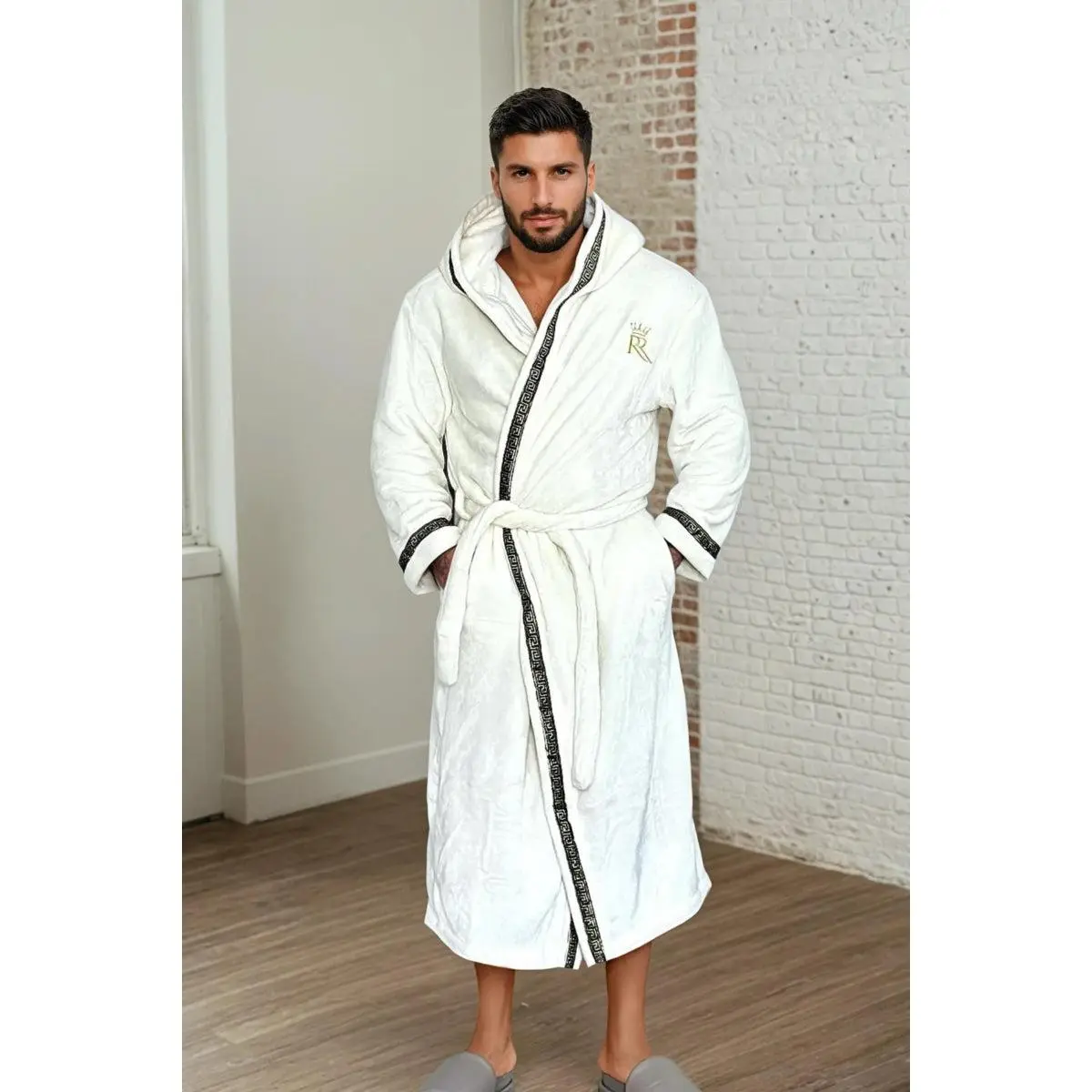 Royalty Robes Men's Soft Fleece Hooded Robe, Long Sleeve Loungewear with Gold Greek Key Trim, Pockets & Tie Belt, Casual, Classic Fitted, Long Sleeves