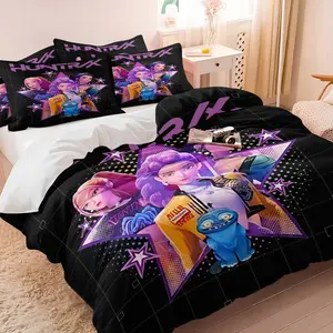K-pop Star Team Anime Girl Duvet Cover Set, 1 Decorative Duvet Cover + 1/2 Pillowcases, No Core, Cool Cyberpunk Print with Stars & Neon, Soft Cozy Breathable All-Season Bedding for Teens & Anime Fans Bedroom & Dorm Decor