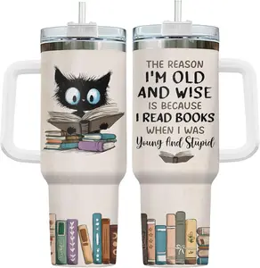 Cat Book Tumbler 40oz with Handle Lid and Straw, Funny Once Upon a Time Girl Loves Bookish Items Vacuum Insulated Travel Mug, Birthday & Mother's Day Gifts for Pet Lovers & Him Her
