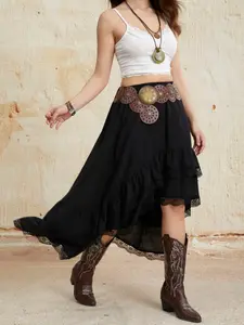 Women's High Low Layered Ruffle Skirt, Feminine Lace Trimmed Flowy Maxi Skirt, Elastic Waist Boho Skirt For Concert, Festival And Casual Wear
