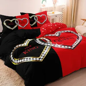 3pcs Romantic couple Crystal Heart King & Queen Romantic Couple Decorative Printed Bedding Set - 1 Duvet Cover + 2 Pillowcases, All-Season Polyester, Machine Washable, Digital Print, Perfect For Home & Dorm Decor, Dorm Room Essentials