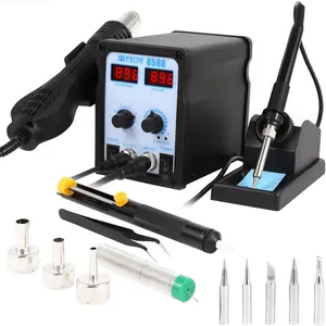 8586 SMD Hot Air Rework Station 2 IN 1 Soldering Iron & Heat Air Gun with 5 Solder Tips, 1, 1 Solder Wire, 1 Curved Tweezer, 3 Nozzles Kit