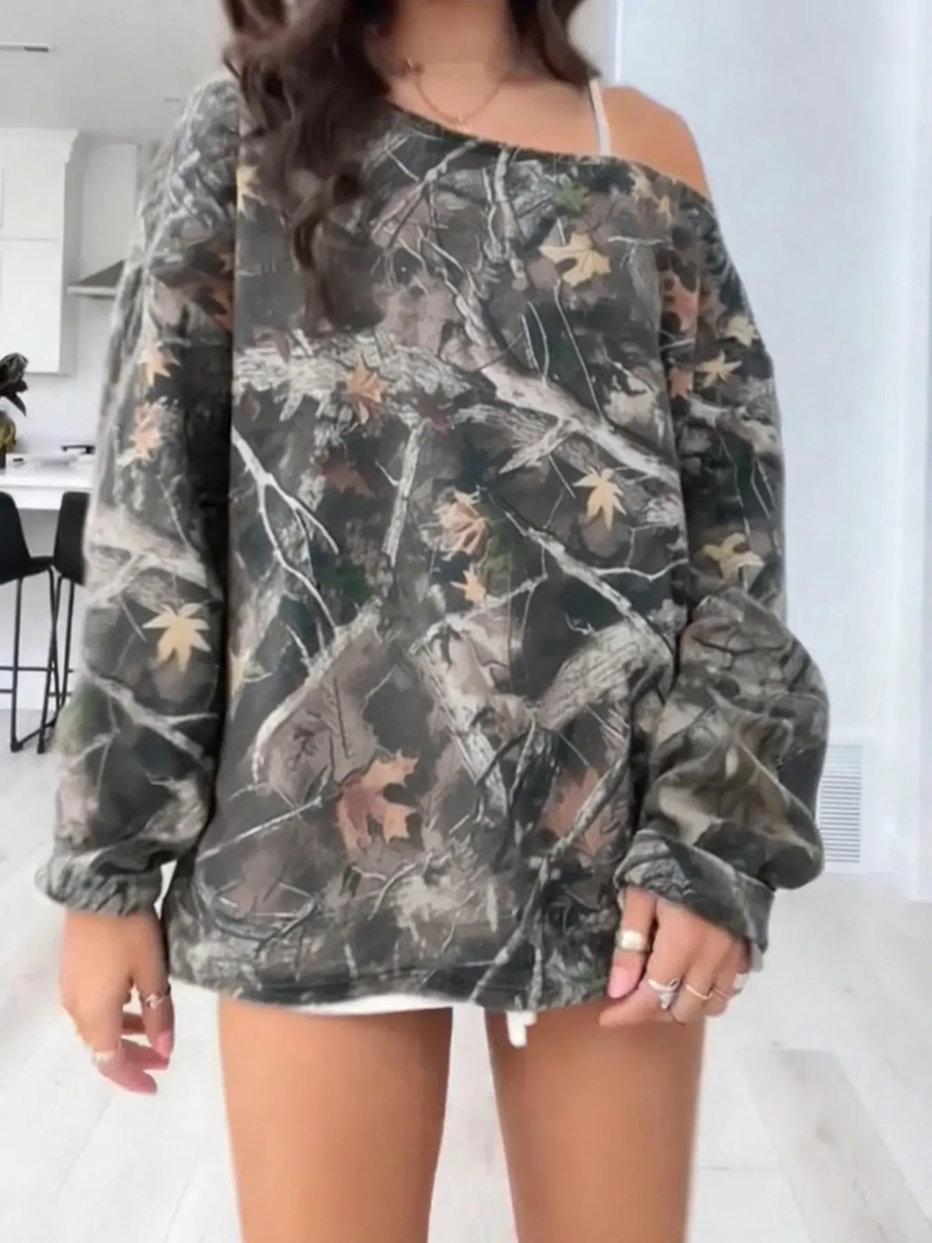 Women's Casual Loose-Fit Camo Print Long Sleeve Knit Pullover Top, Thick Fabric Drop Shoulder Design for All Seasons Daily Wear & Vacation Knitwear Womenswear Knitwear Sweater Pullover Knit Tops