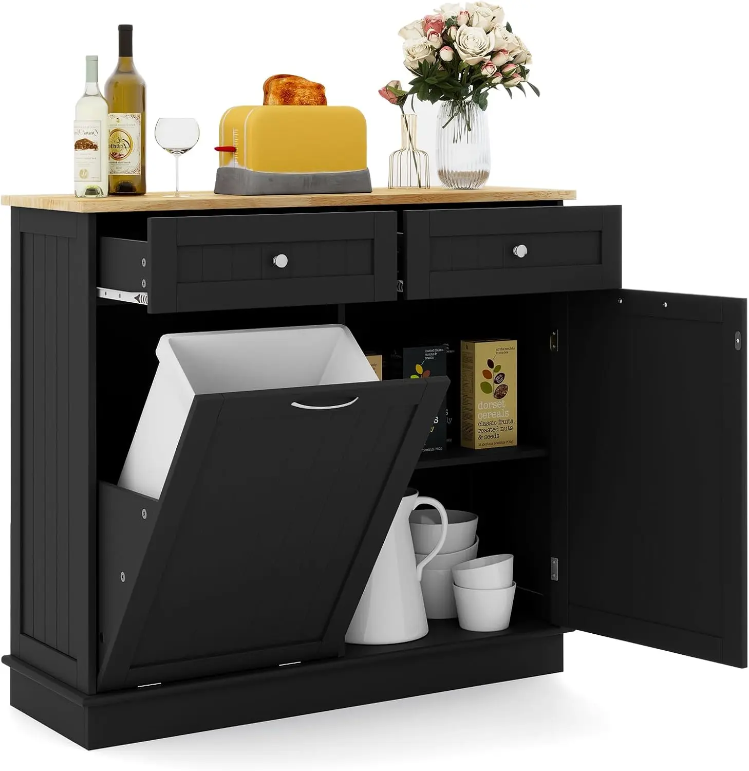 Costway-Tilt Out Trash Cabinet 15.5 Gallon, Wooden Laundry Room Cabinet, 2 Drawers, Storage Cabinet, Kitchen Island with Garbage Can Holder