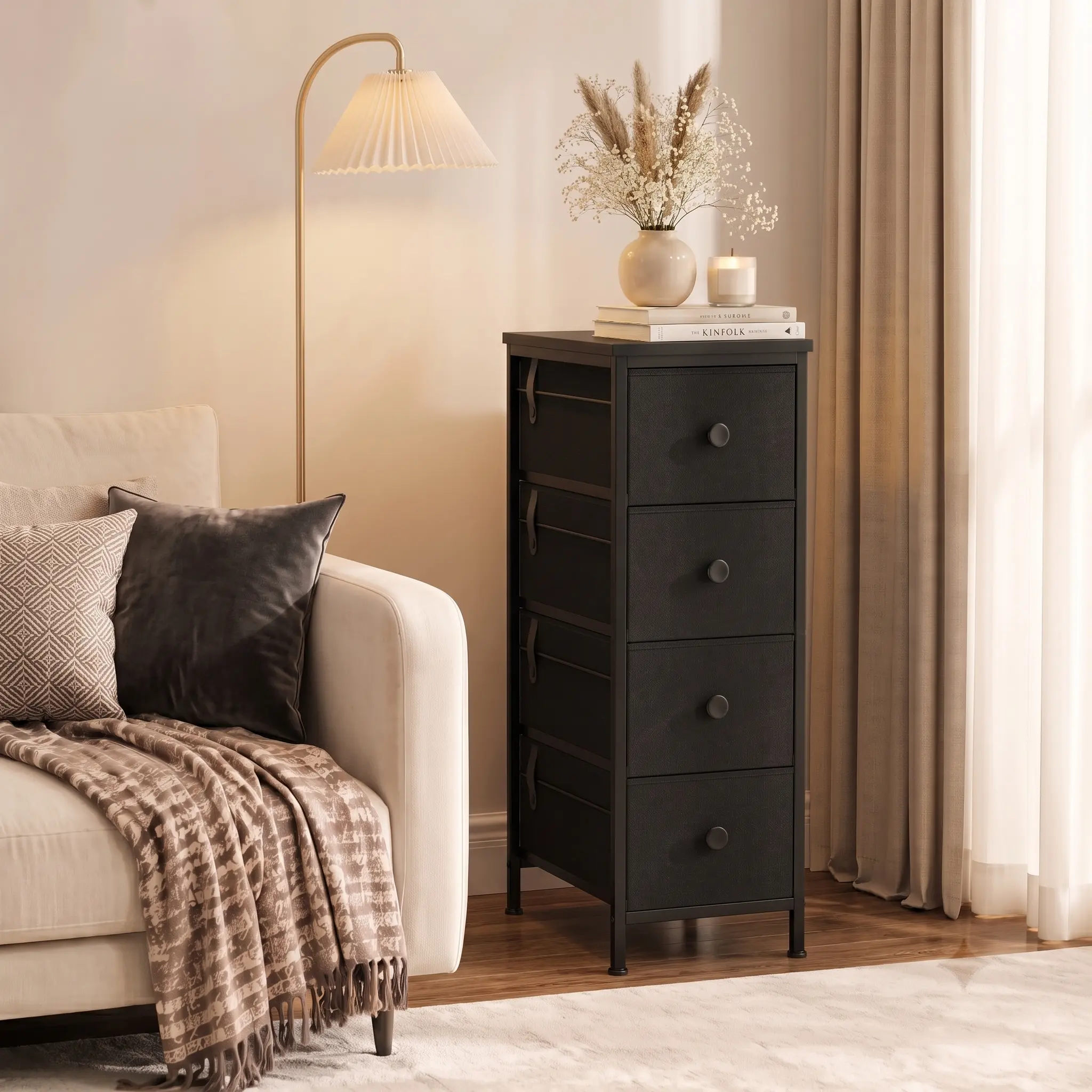 Black 4-Tier Tall Skinny Single Unit Storage Tower - Metal Frame Fabric Chest of Drawers Dresser with Removable Drawers, Metal Knobs, Anti-Tip Wide Base, Modern Organizer for Bedroom, Kitchen Pantry, Small Apartment