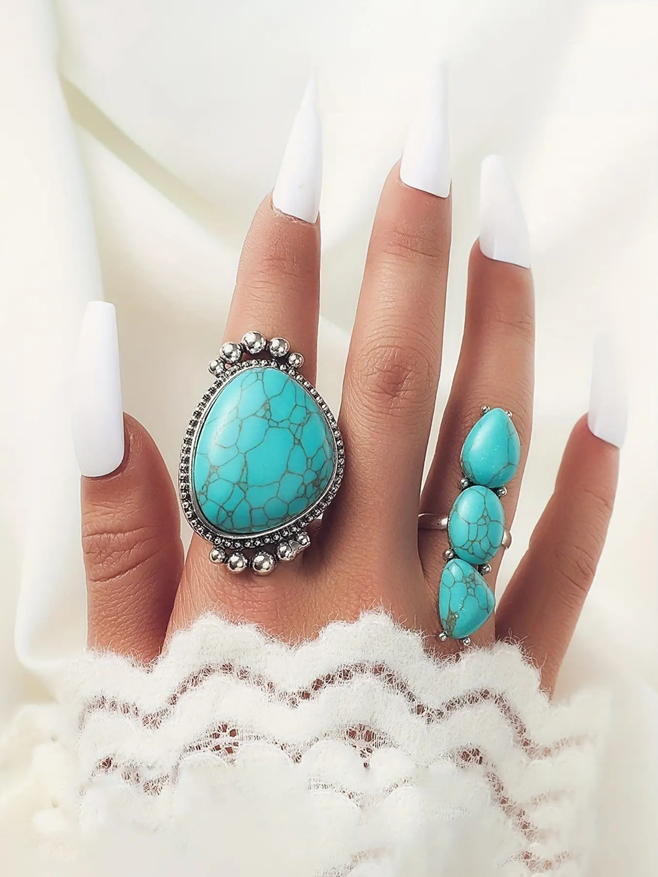 Vintage Bohemian Style Large Turquoise Water Drop Teardrop Ring Set, 2 Piece Jewelry Collection, Unique Design for Women & Girls