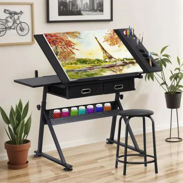 JupiterForce Ergonomic Tiltable Adjustable Multi-Drawer Drafting Drawing Table - Durable Flexible Office Workstation, Black, Included Stool for Ergonomic Home Office, Armless Drafting Table, Armless Drafting Tables