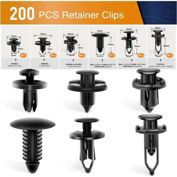 200Pcs High-Quality Plastic Automotive Bumper Clips - Clip-On Push-In Rivet Fastener Panel Retainer Kit, Assorted 6 Sizes for Car Fender, Permanent Fix Solution