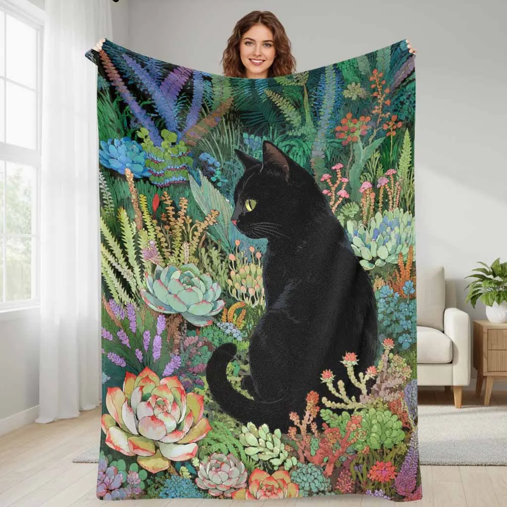 Black Cat Succulent Garden Flannel Throw Blanket, Botanical Feline Print, Soft Warm Lightweight Plush, for Sofa Bed, Pet Lover Gift, Throw Blankets
