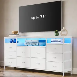 63.3 in Dresser for Bedroom,White 10 Drawer Dresser Tv Stand for 65 70 75 in Tv,Fabric Chest of Drawers With Led Lights & Power Outlets,Long Entertainment Center for Closet,Living Room