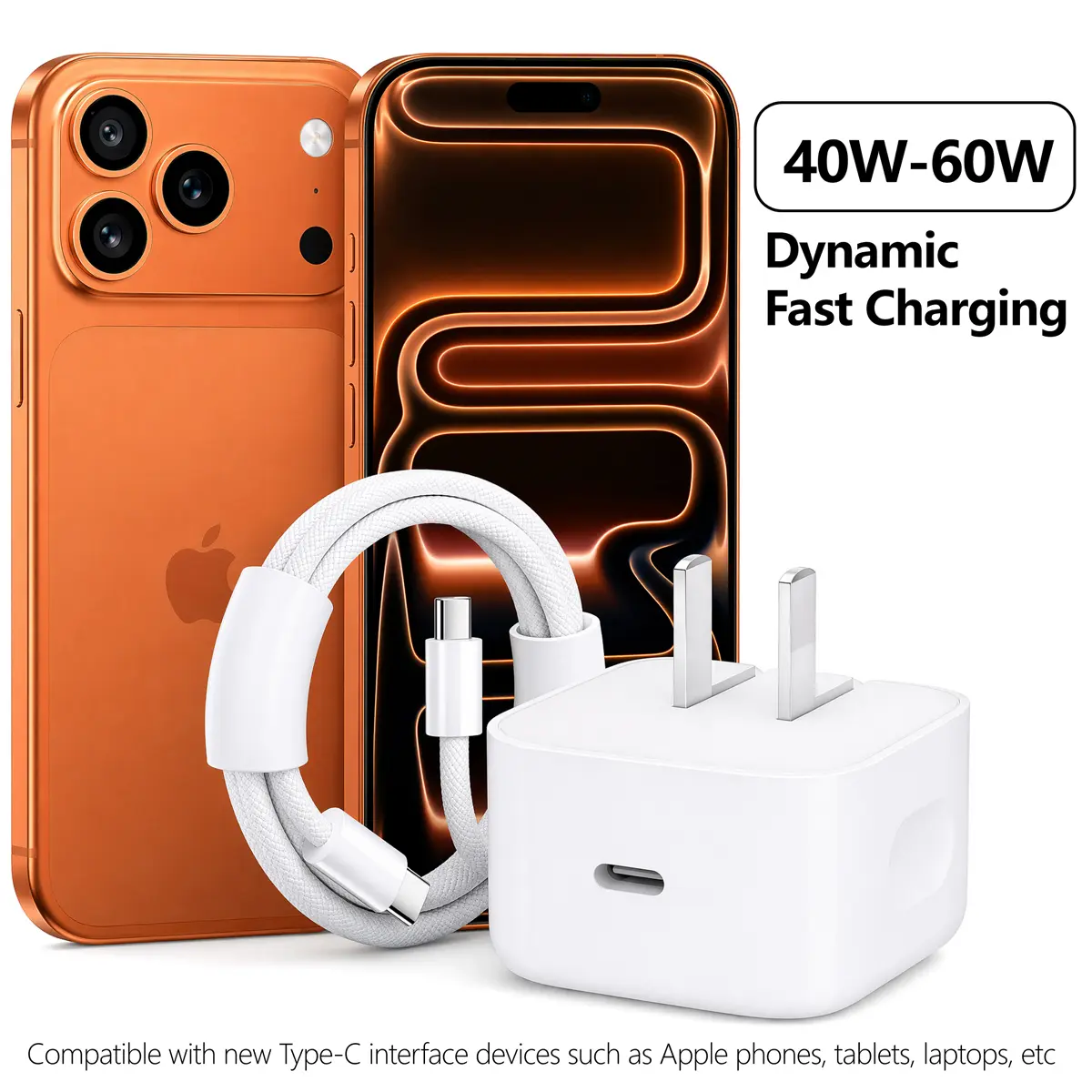 USB C Fast Charger, 40W-60W Dynamic USB C Wall Charger for Apple iPhone 17 16 15 Pro Max, Foldable Fast Power Adapter Compatible with MacBook Air, iPad, with 5FT Braided USB-C Cable
