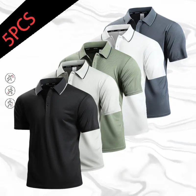 Men’s 5-Pack Professional Sports Polo Shirts, Classic Turn-Down Collar with Contrasting Trim Details, Breathable Quick-Dry Mesh Fabric for Skin Comfort, Suitable for Business Office Daily Wear, Street Outings, and Outdoor Fitness, High-Value Top summervib