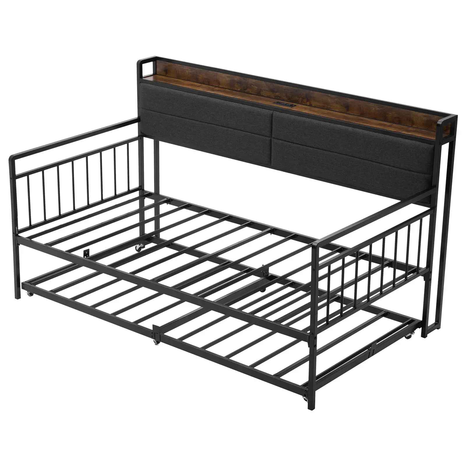 【SummerFinds】VEVOR Twin Size Metal Daybed Frame with Trundle, Heavy Duty Platform Bed with Charging Station & Metal Slats Support, for Living Room & Bedroom, Easy Assembly, Bed Frames With Storage, Upholstered Daybed Frame